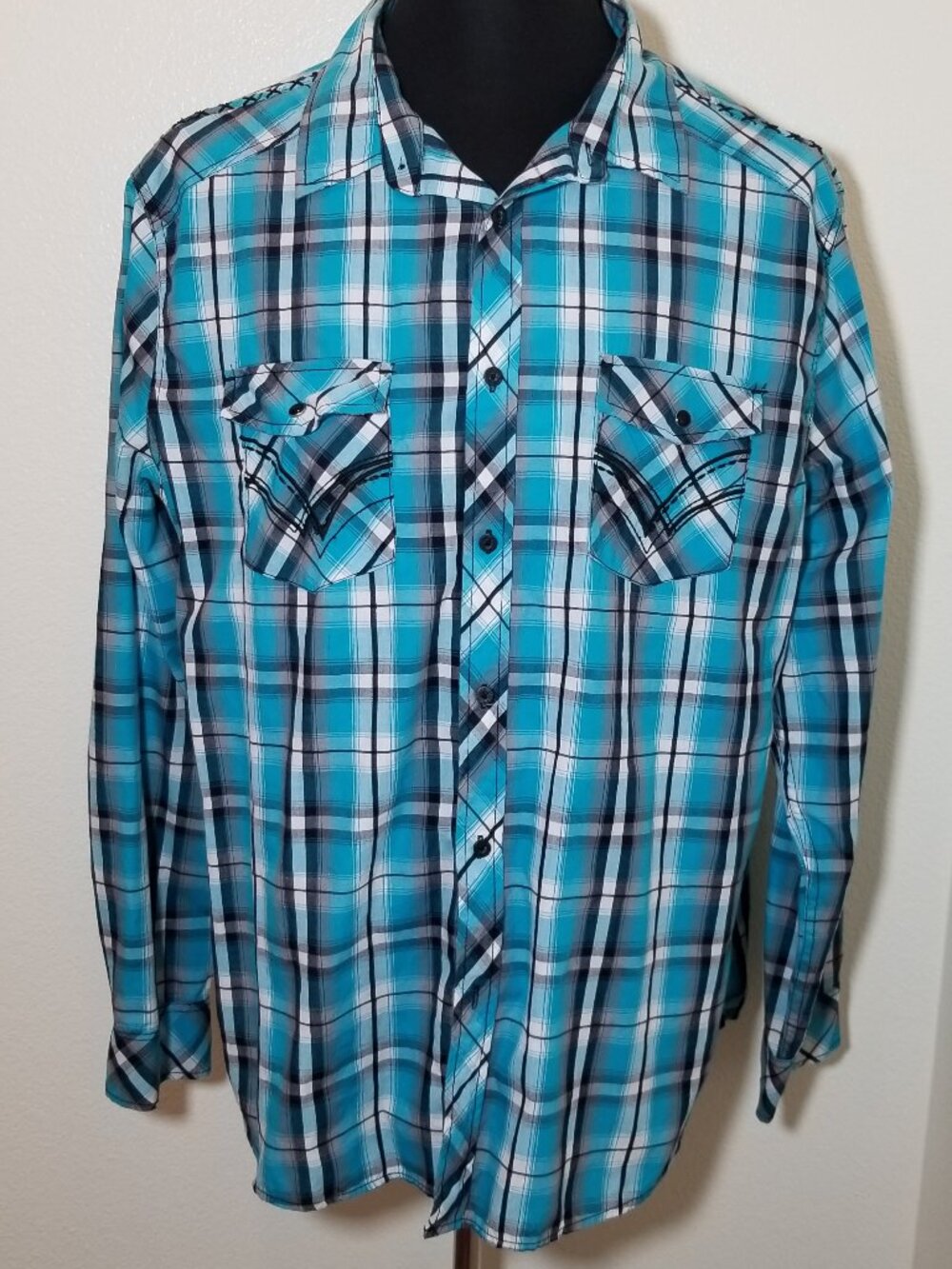 Helix Athletic Fit Teal Plaid Mens XXL Button Up Shirt Western Rodeo Biker Boots